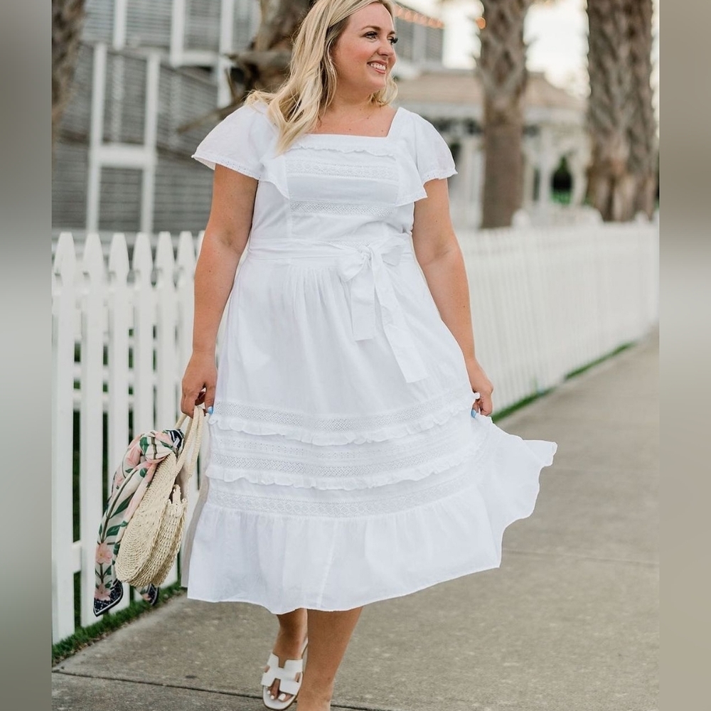 Draper James Tie Waist Peasant Dress Embroidered White Stripe